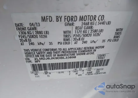 2013 Lincoln Mkx from USA, damaged, VIN 2LMDJ6JK9DBL33898